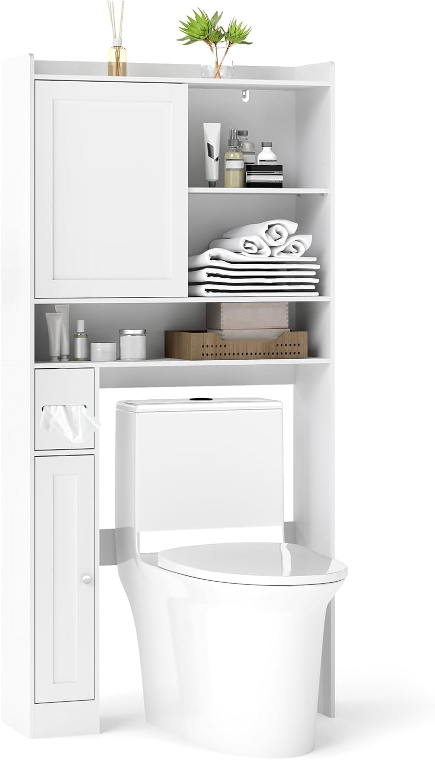 Tangkula Over The Toilet Cabinet, Freestanding Bathroom Space Saver with Sliding Door, Adjustable Shelves, Toilet Paper Holder, Modern Bathroom Cabinet Above Toilet for Restroom, Laundry Room (White)