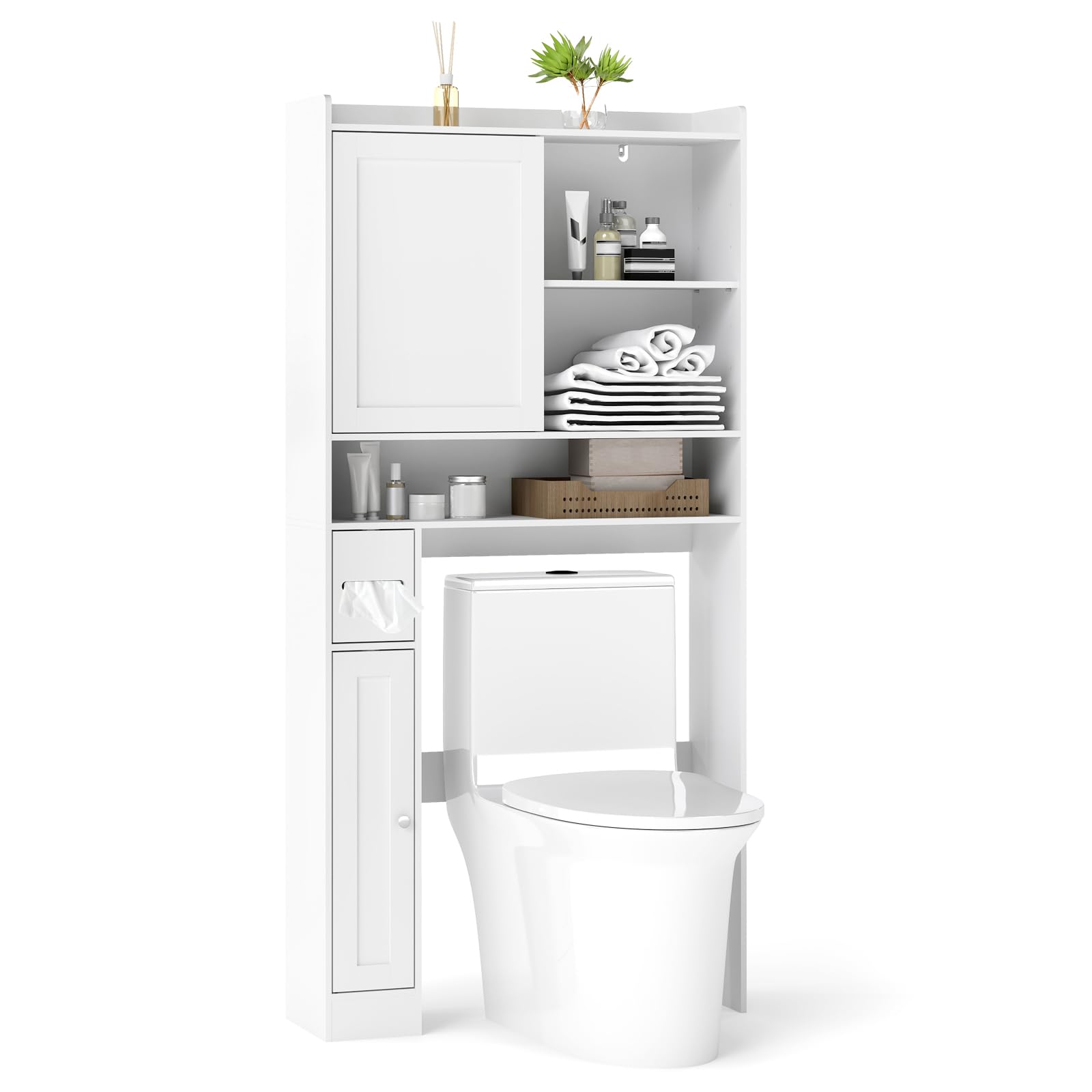 COSTWAY Over Toilet Storage Unit, Freestanding Bathroom Space Saver with Sliding Door, Toilet Paper Holder and Adjustable Shelves, Wooden Over The Toilet Cabinet Rack Organizer for Small Space, White