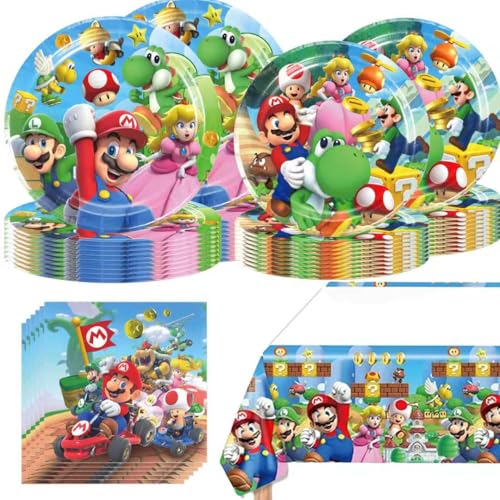 Mario Party Tableware 20 Plates and 20 Napkins and Tablecloth71  x 42 Super Bros Birthday Party Decorate Supplies