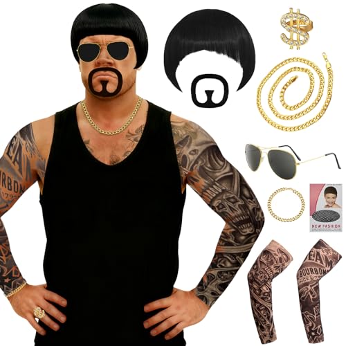 Ibiza Final Boss Costume Funny Costumes For Men with Handsome Black Bowl Cut Wig Hair Nets Goatee Mustache Sunglasses Gold Chain Ring & Tattoo Sleeves 90s Meme Cosplay Ibiza Outfit for Carnival Party