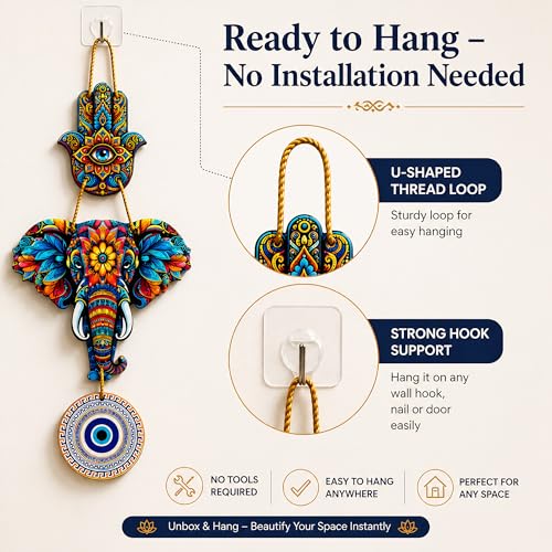 Image of Evil Eye Wall Hanging for Home Entrance Door | Nazar Battu Vastu Decor | Hamsa Hand Elephant Wall Decor | MDF Mandala Art Hanging | Good Luck Gift for Diwali Housewarming Bedroom Office