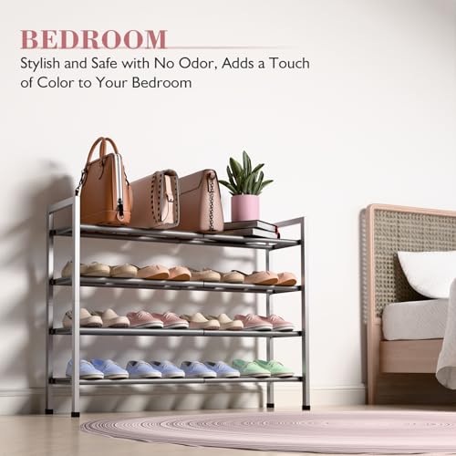 Image of Bumusty 4-Tier Expandable Shoe Rack for Closet, 18 inch-33 inch Adjustable Shoe Rack for Small Space, Small Shoe Organizer for Front Door, Sturdy Metal, Light Grey