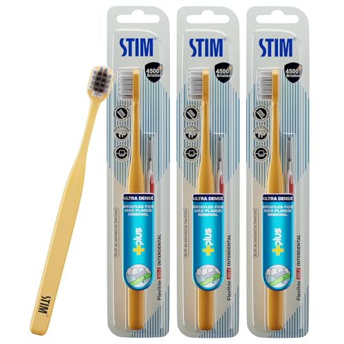 Image of STIM Plus Toothbrush | 4,500+ Ultra-Soft Bristles | Tapered Tips for Sensitive Teeth | Gentle on Gums & Enamel | Adults | Mixed Colors | Toothbrush + Interdental Brush - Pack of 3