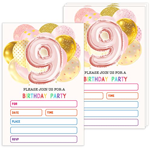 Ggjgrpx 9th Birthday Party Invitation Card, Balloon Themed Party Invitation Cards for Kids, Girls Boys, Party Celebration for Teens, Party Supplies and Decoration, 20 Cards With Envelopes