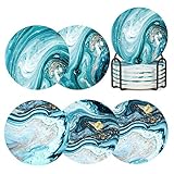 Coasters for Drinks with Holder,Marble Ocean Pattern Ceramic Absorbent Coasters with Cork Base,Preve