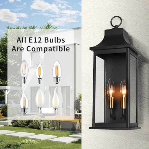 Image of JYZ 2PK 18 inch Outdoor Porch Light Wall Mount, Outside Wall Lantern with E12 Socket, Anti-Rust Aluminum & Clear Glass Wall Lamp, Matte Black Exterior Wall Light Fixture for Patio,Porch, Garage, Entryway