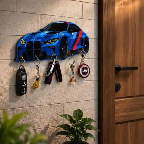 Image of Webelkart MDF UV Printed Key Holder for Wall with 5 Hooks - Decorative Wooden Key Hanger Organizer for Home, Office, Entryway - Wall Mounted Key Stand (12 INCHES) (Blue)