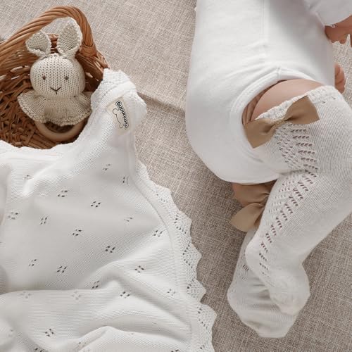 Image of mimixiong Cotton Baby Blanket Knitted Crochet Receiving Crib | Nursery Swaddling Blankets for Newborn Baby Boy Girl with the Bunny Rattle Snow white