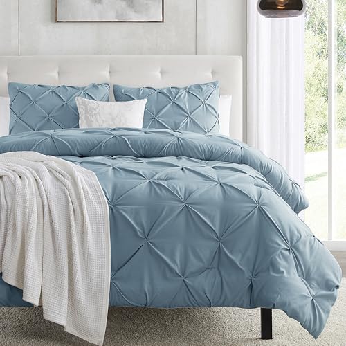Image of Nestl Stone Blue Duvet Cover King Size - Soft Double Brushed Duvet Set with Button Closure & Corner Ties, 3 Piece Luxurious Pinch Pleated Duvet Cover Set 104x90 Inches with 2 Pillow Shams