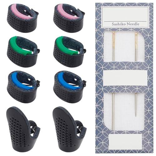 FREEBLOSS Sashiko-Nadel- Und Fingerhut-Set, Sashiko-Nähset, Sashiko-Nadel Und Verstellbarer Fingerhut Aus Leder, Japanisches Sashiko-Set, Werkzeuge, 2 Nadel Und 4 Paar Fingerhüte