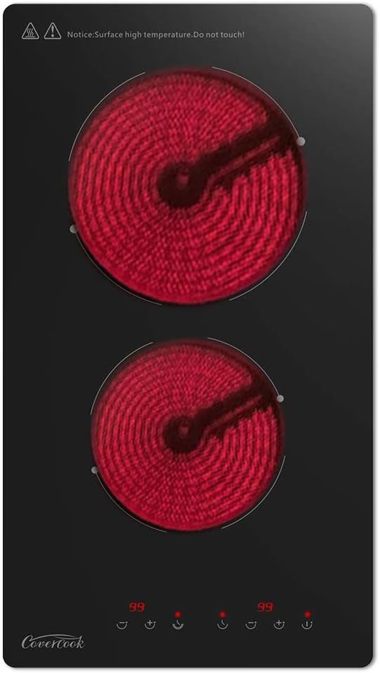 12 inch Electric Ceramic Cooktop, 2 Rings Radiant Stove Countertop Burners Smooth Top Black Glass Hot Plate for Cooking, No Plug Hardwire 220-240V 3KW