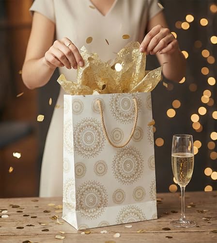 Image of Creative Art White & Gold Paper Gift Bags Medium (Pack of 10) - Durable Kraft Paper, Stylish Look, Eco-Friendly, Reusable Gift Bags for Return Gifts, Birthday Parties, Festivals & Gifting Need