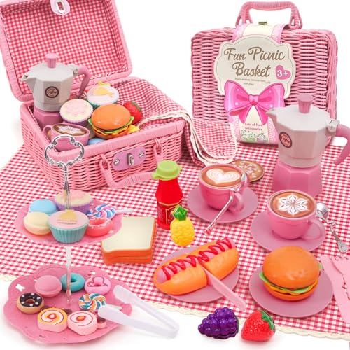 HAPGFS Pink Pretend Afternoon Tea Party Set with Storage Basket Play Food & Accessories for Girls Tea Party Set for Toddlers Indoor Outdoor Pretend Play Kids Picnic Basket Toy Gift for Ages 3-8