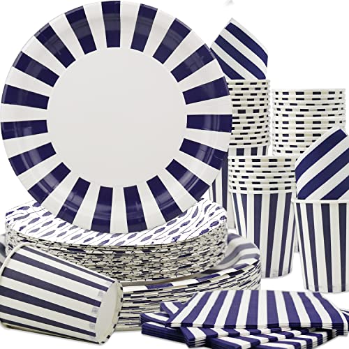 Obussgar Vaisselle à rayures bleu marine comprenant assiettes, serviettes, gobelets en papier pour fêtes d'anniversaire, remises de diplômes, mariages, fêtes prénatales (bleu foncé 40)