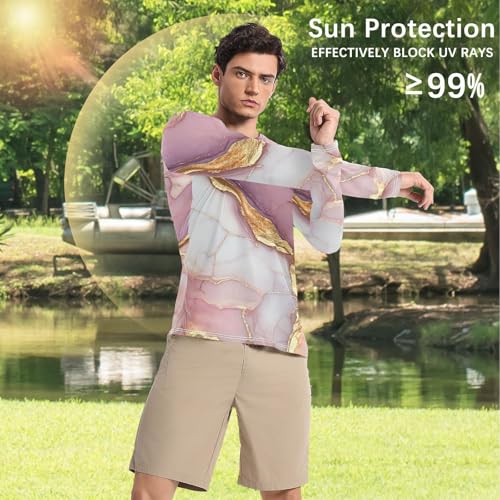 Marble White Pink Men's Rash Guard Shirts Comfortable Loose Mens Sun Shirts Protection Long Sleeve Hiking4