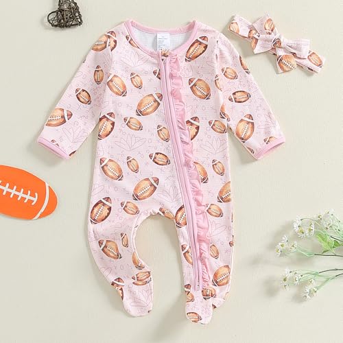 Newborn Baby Girl Football Onesie Outfit Rugby Footie Romper Ruffle Long Sleeve Zip Up Jumpsuit with Headband3