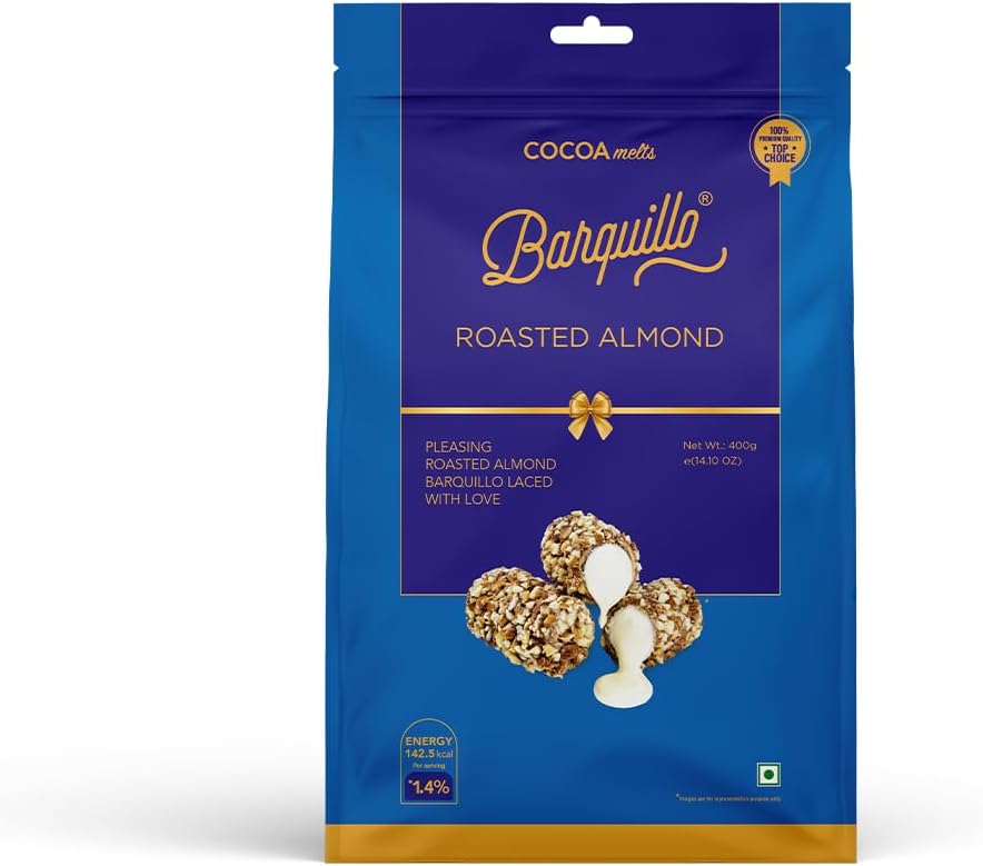 Barquillo Premium Roasted Almond Coated Chocolate Pouch-20 Pcs|Vanilla Cream Filled Biscuit Roll imported|Dubai couverture taste| Festive Gift Pack Celebration specially for Festivals, 400gram