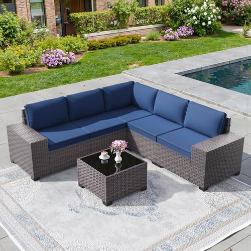 Image of 6 PCS Outdoor Patio Furniture Set,Outdoor Sectional Furniture All Weather PE Rattan Wicker Patio Conversation Set with Coffee Table and 5 Thickened Cushions,Navy Blue