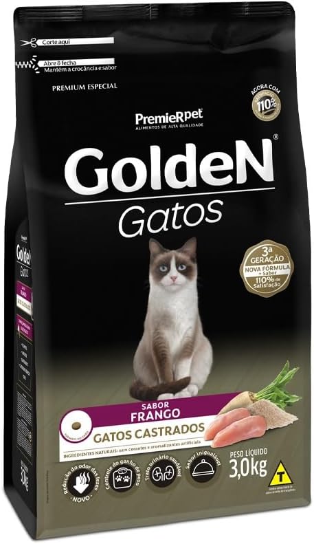 Ração Golden Premier Pet para Gatos Castrados 3kg Frango — Melhor para saúde e controle de peso