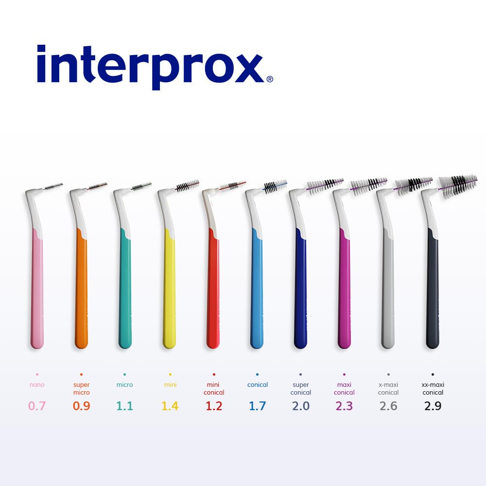 Interprox Cepillo de dientes, mini cepillos interdentales rojos, juego de 36, fácil de usar, forma elegante, higiénico, para implantes, coronas y soportes, unisex para adultos