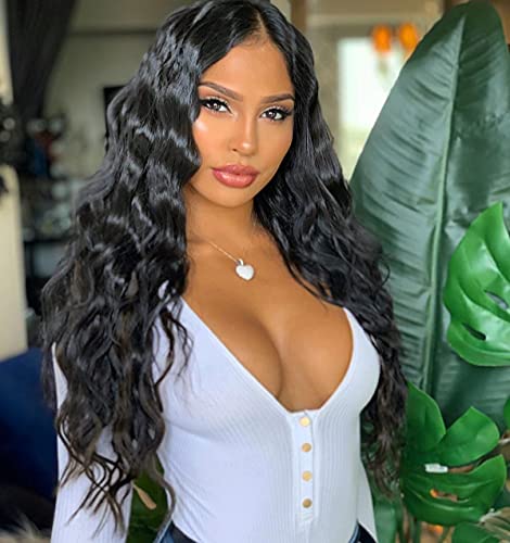 Nnzes Middle Part Black Long Wavy Lace Front Wig Loose Wave Curly Synthetic Wigs Pre Plucked Lace Wig Natural Black Wavy Wigs for Women(26 Inches Black)