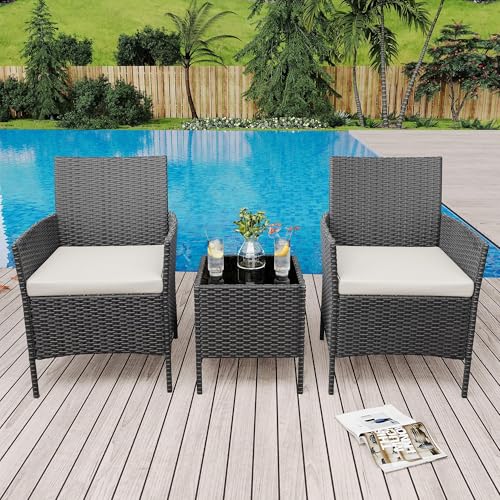 Litake Rattan Gartenmöbel Set, Balkonmöbel Set mit Wetterfeste Gartentisch und 2 Stühlen, Balkon Sessel Set Lounge Gartenmöbel Garten Sitzgruppe Gartengarnitur Patio Furniture 3 Teiliges (Black)