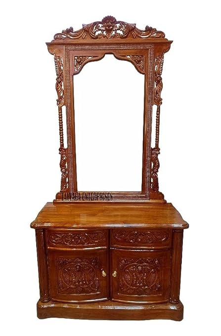 MUSKAN Arts Teak Wood Dressing Table for Bedroom | Antique Disign 2 Drawers + 2 Doors with 2 Shelves Storage Without Mirror Frame & Beautiful Hand Carving (30 * 20 * 81 Inch) (Brown Finish)