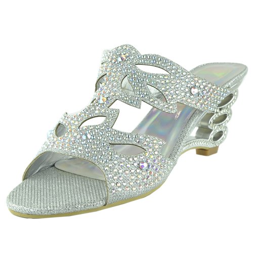 FL By KSC Womens Dress Sandals Rhinestone Glitter Cutout Wedge Heel Sandals Silver SZ 6