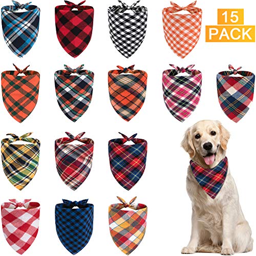 15 Pack Dog Bandana, Triangle Pet Dog Scarf Double-Sided Plaid Printing Adjustable and Washable for Small to Large Dogs Cats Pets