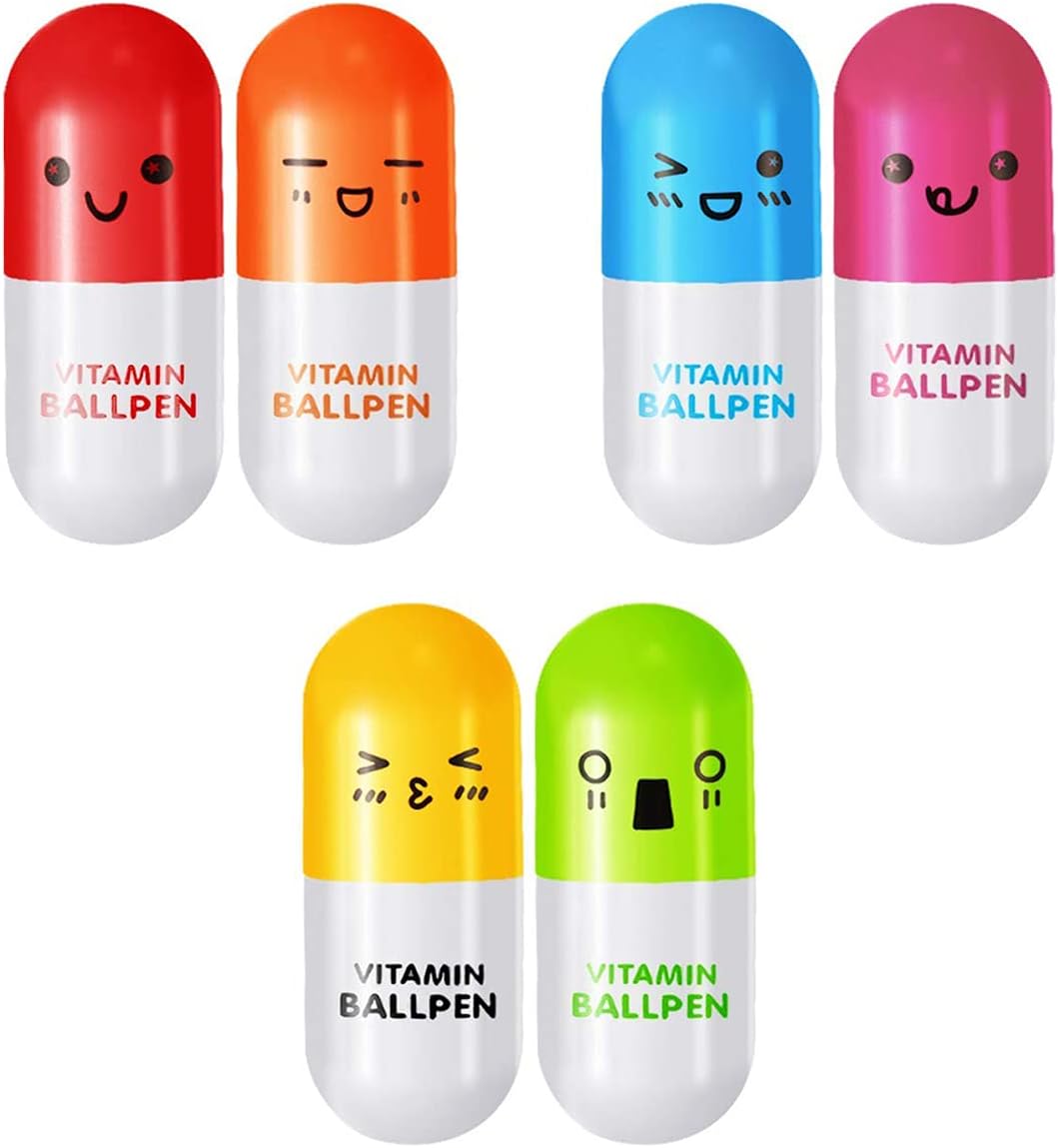 60 PCS Vitamin Pen - Multicolor Pill Shapes Ballpoint Cartoon Emotion Retractable Ball Pens with Smiling Face for Kids Teen Girls Capsule Pens Nurse Gifts Cool College School Supplies Aesthetic Stuff