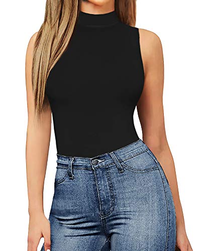 Mangopop Women's Mock Turtle Neck Sleeveless Leotard Clothing Tank Tops Bodysuit (A Sleeveless Black, Small) #TOP1