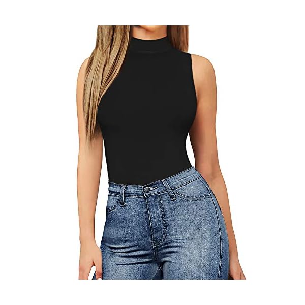 MANGOPOP-Womens-Mock-Turtle-Neck-Sleeveless-Tank-Tops-Bodysuit MANGOPOP Women's Mock Turtle Neck Sleeveless Tank Tops/Short Sleeve Bodysuit Leotard Clothing (A Sleeveless Black, Medium)