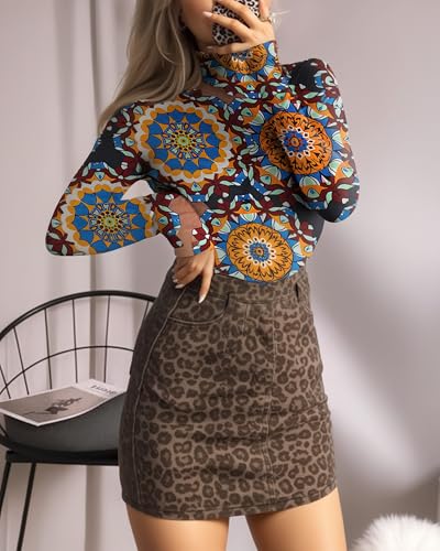 Image of MANGOPOP Women's Mock Turtle Neck Long Sleeve Tops Bodysuit Jumpsuit, Long Sleeve 3#mandala, Small