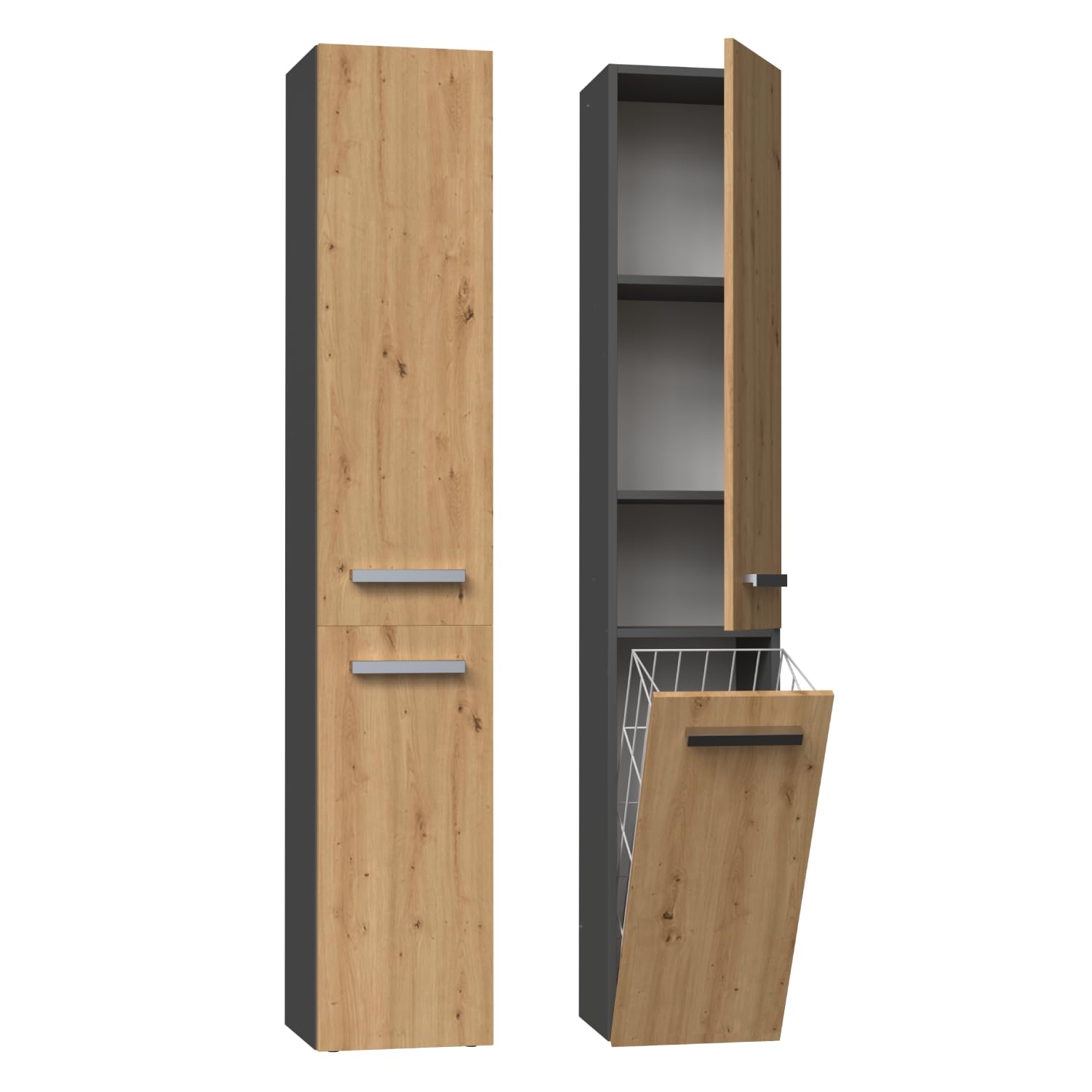 WHATSIZE ENTERPRISENel IV - Anthracite Artisan Freestanding Cabinet – Wooden Storage Cupboard with Washing Basket - Organise Cosmetics and Toiletries - Furniture to Complement Modern Décor