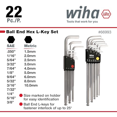 Image of Wiha 66993 Ball End Hex L-Key Sets, 2-Pack, Inch & Metric, 22 Piece Total, Black, Extra-Long Reach, Chrome-V-Moly Steel