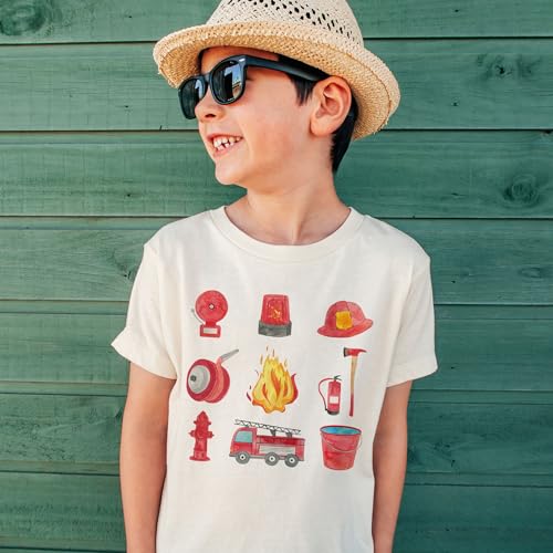 Firefighter Equipment Little Things In A Row Shirt For Kids - Cute Fireman Fire Department Truck T-Shirt - Natural Toddler & Youth Boys Graphic Tee2
