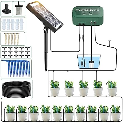 PChero Solar Automatic Drip Irrigation Kit, Solar Powered Auto Watering System with 12 Timer Modes for Indoor Balcony Outdoor Garden Greenhouse, Supported 15 Pots Plants Cover