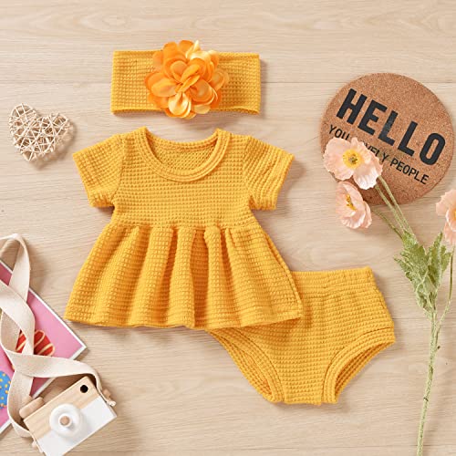 Unutiylo Newborn Baby Girl Clothes Infant Knit Outfits Tunic Dress Tops And Panty Pants Set Nb Girls Clothing Set Short Sleeve Playwear Baby Girl Spring Summer Shorts Outfits Yellow #TOP1