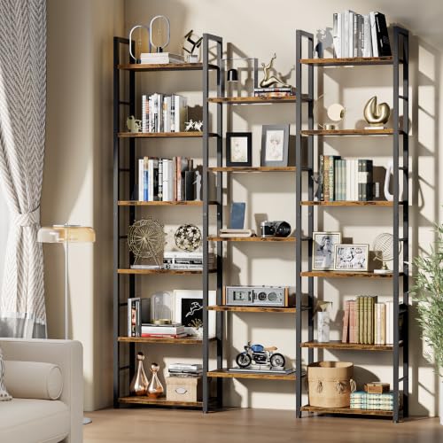 Image of Shintenchi Triple Column 6 Tier Bookshelf, Industrial Large Bookcase Display Shelves, Large Etagere Bookshelf,Wide Book Shelf Book Case for Home & Office, Rustic Brown