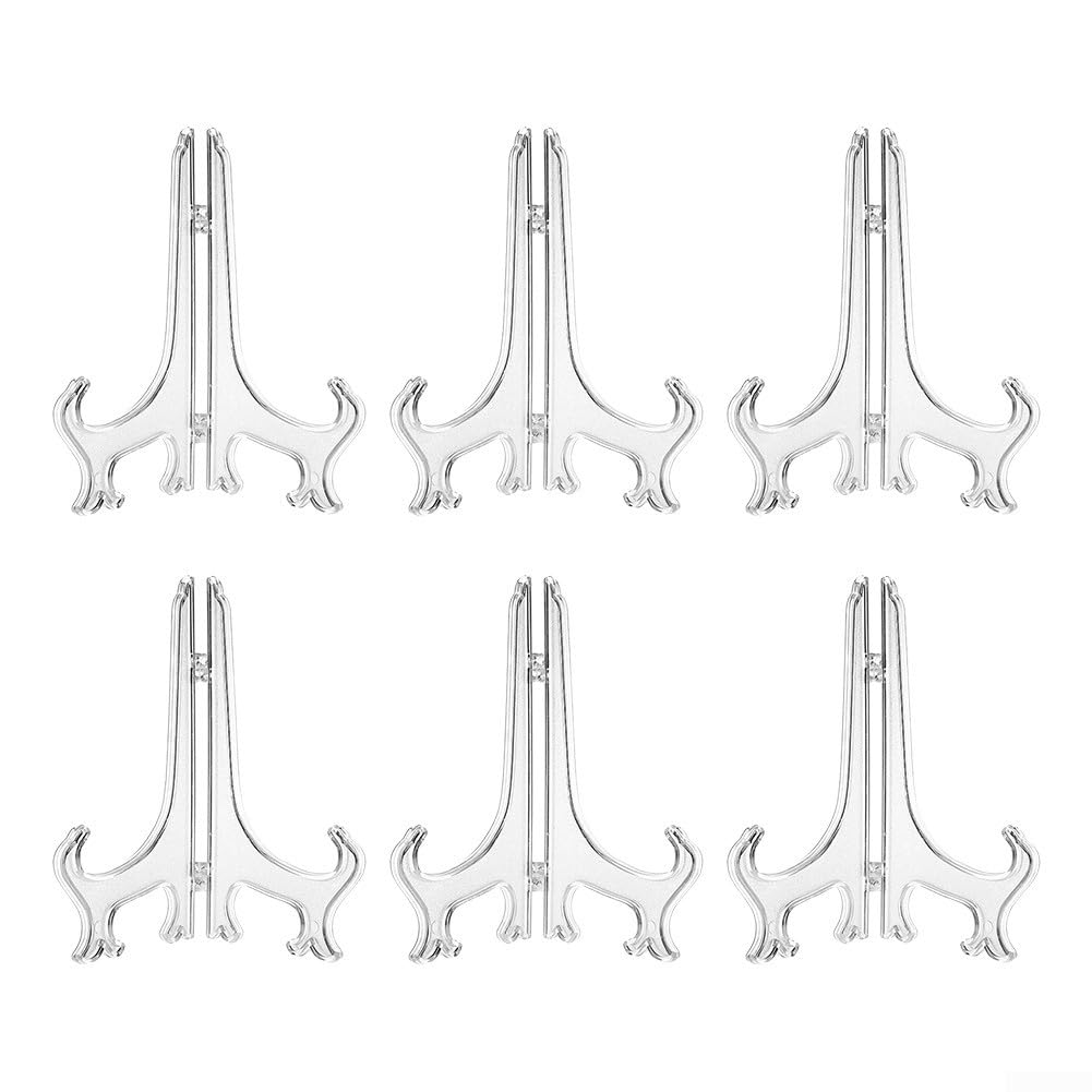 TIANHENGMart 6PCS Folding Display Stands for Pictures and Dishes Plastic Easel Holder, Clear Plastic Display Easels Set, Adjustable Easel Rack for Office Home Part Decoration(10 inch)