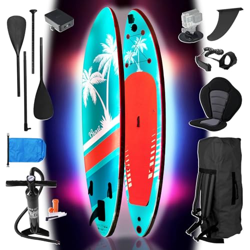 BRAST SUP Board mit LEDs | Aufblasbares Stand up Paddling Set | 320x81x15cm | 4 Designs | LED-Beleuchtung mit 10 Farben | 5 Jahre Garantie | 2in1 Paddel Kajak-Sitz Action-Cam-Halterung Fußschlaufe