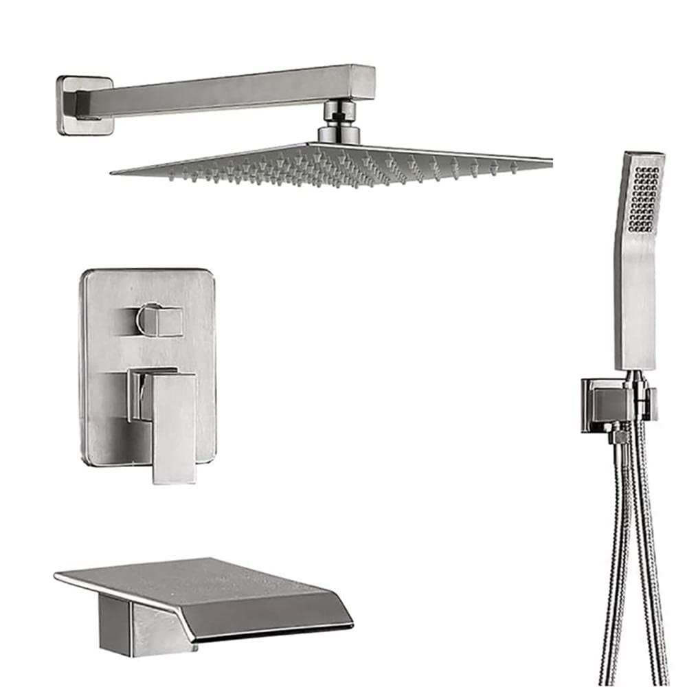 AYCDL Shower Mixer Tap Set Three-Functional Shower System 10 in Square Rainfall Shower Head Complete Shower Kit with Waterfall Bathub Spout-Nickel Brushed,Nickel Brus,Nickel Brushed-8 in
