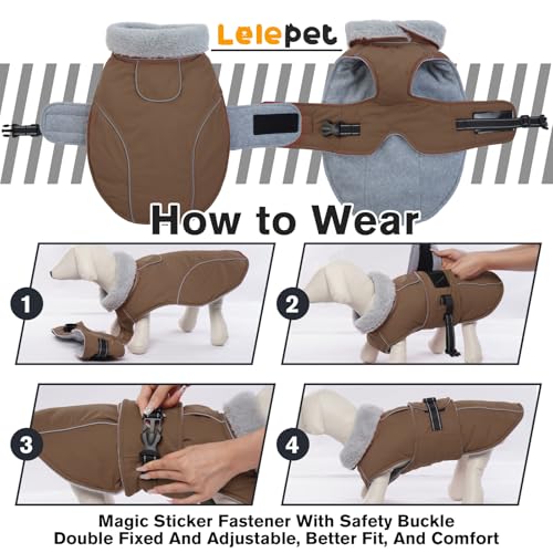Image of Lelepet Dog Coats for Medium Dogs Waterproof Dog Jacket with Adjustable Fit | Reflective Winter Coat Pet Fleece Vest Windproof Cold Weather Coats with Adjustable Buckle & Leash Hole, Brown, M