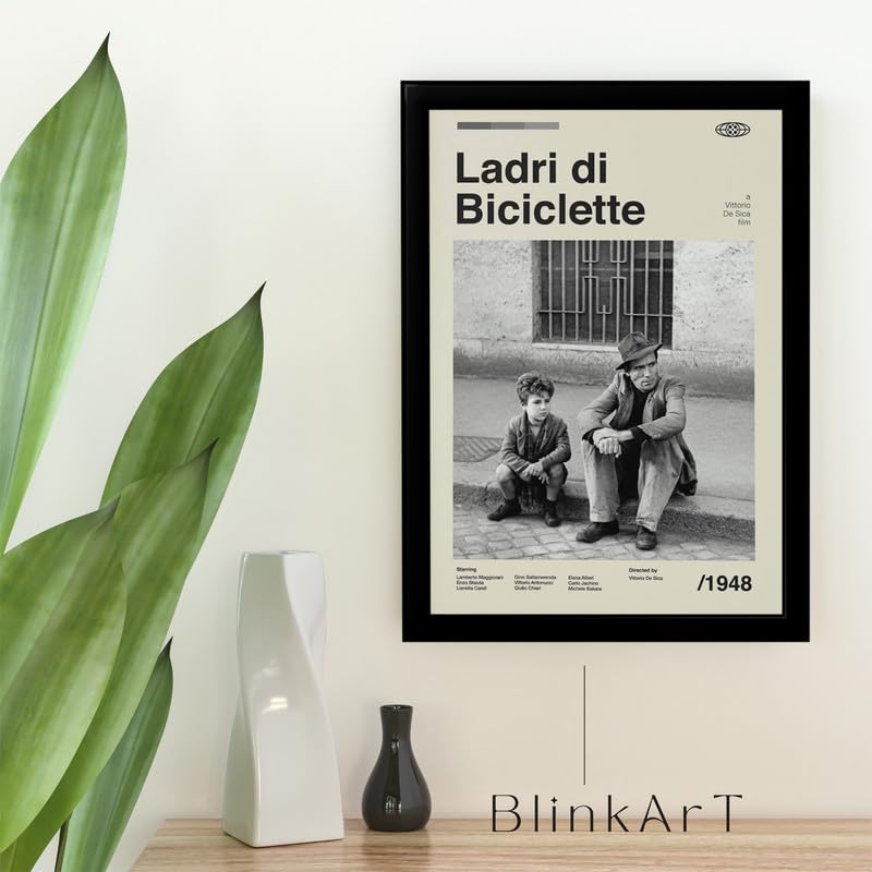 Image of BLINKART Ladri Di Biciclette Bicycle Movie Poster Frame 8x12 Inch | Premium 300 GSM Paper Wall Print | Mid Century Vintage Film Artwork for Home, Bedroom, Living Room, Office | Framed Photo Decor