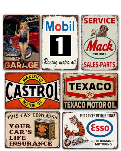 Vintage Metal Garage Signs for Men, Gas Station Tin Signs, Man Cave Decor Old Car Signs Shop Sign Oil Decor Motorcycle Posters Auto Gasoline Wall Decorations Bar Kitchen Accessories 7 Pces 8×12 Inch