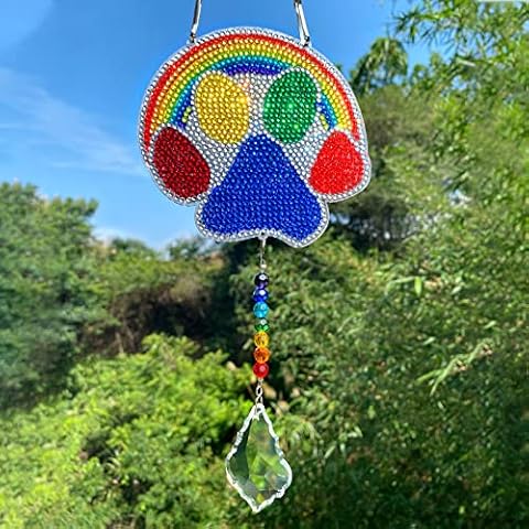Abizoo Rainbow Bridge Pet Memorial Gifts, DIY Paw Print Diamond Painting Wind Chime Crystal Sun Catchers, Loss of Pet Dog/Cat Sympathy/Remembrance Gifts Double Side for Window Hanging Indoor/Outdoor Cover