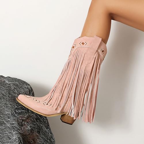 Image of Embroidered Fringe Cowboy Boots for Women, Pull On Mid Calf Chunky Block Heel Pointed Toe Western Cowgirl Boots Riding Country Boot Retro Boots