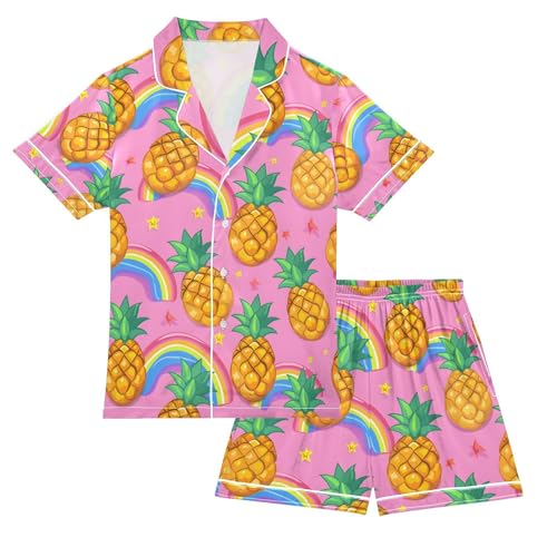 ALAZA Pineapple Rainbow Star Cartoon Pajamas Satin Pajama Set Short Sleeve Button Down Sleepwear
