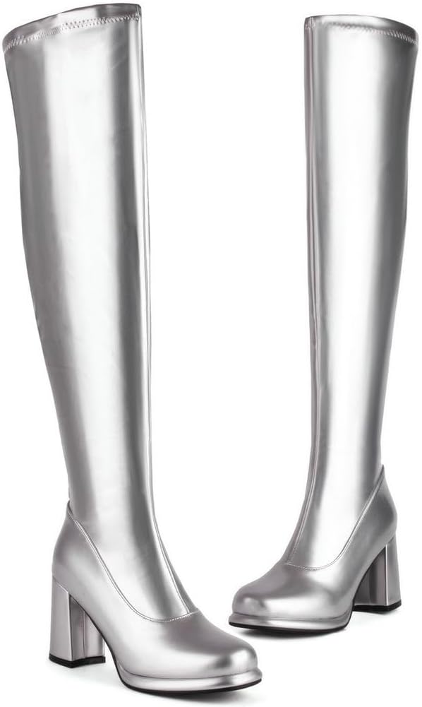 KOKOMOMO Metallic Platform Boots Patent Leather Thigh High Heeled Full Zip Boots Over The Knee High Heel Boots