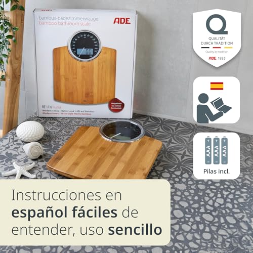 Miniatura 7 de Ade Báscula Corporal Digital Con Pantalla Analógica Gran Pantalla Resultados Muy Precisos Hasta 180 Kg Superficie De Pesaje De Auténtica Madera De Bambú